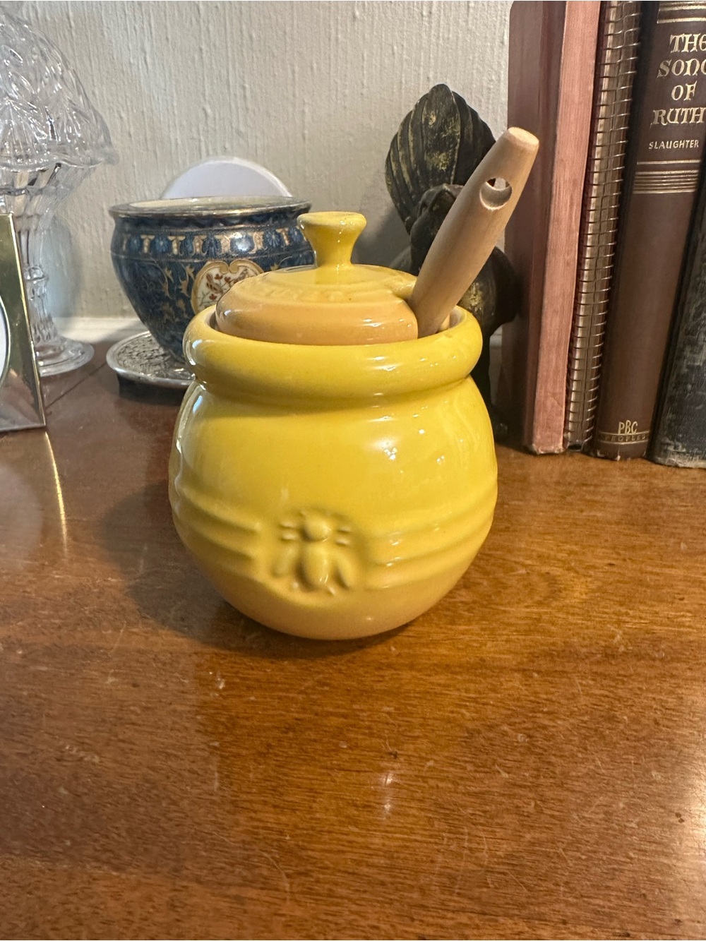 Le Creuset Yellow Stoneware Honey Pot with Wooden Dipper